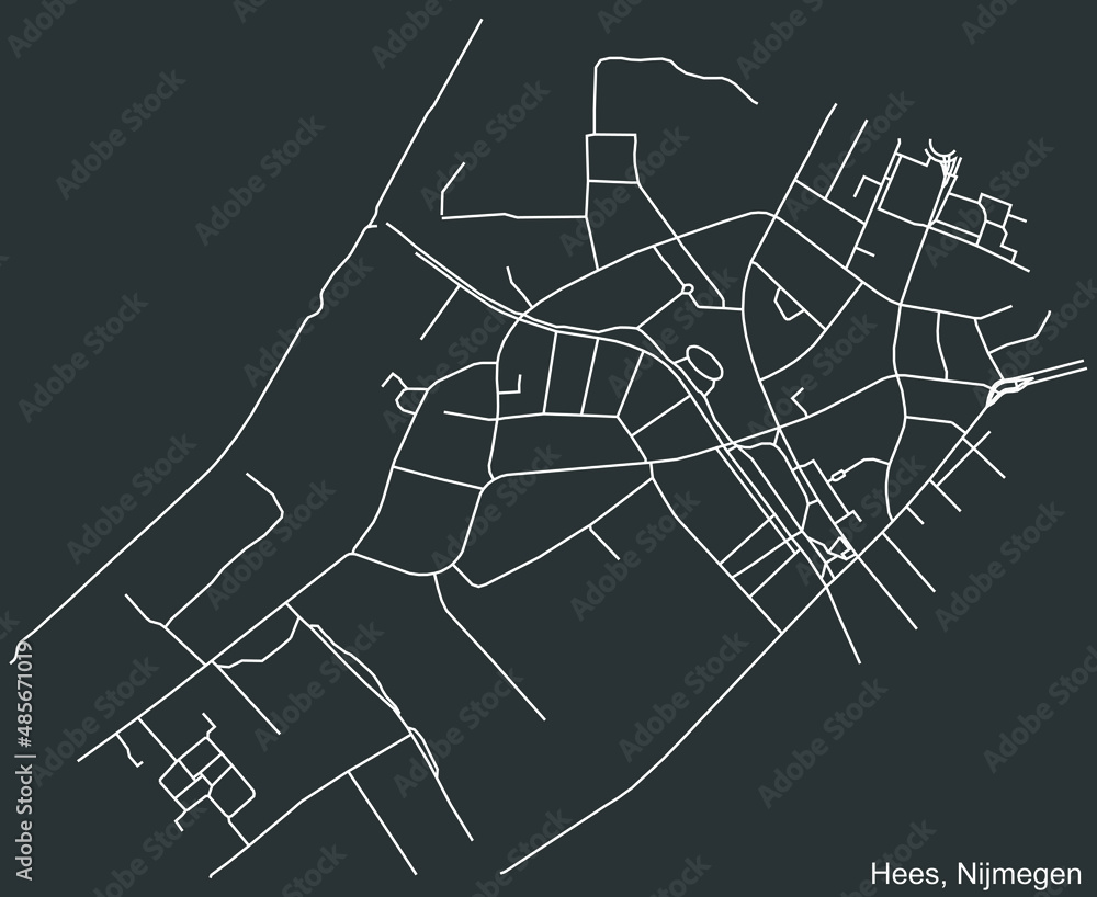 Detailed negative navigation white lines urban street roads map of the HEES NEIGHBORHOOD of the Dutch regional capital city Nijmegen, Netherlands on dark gray background