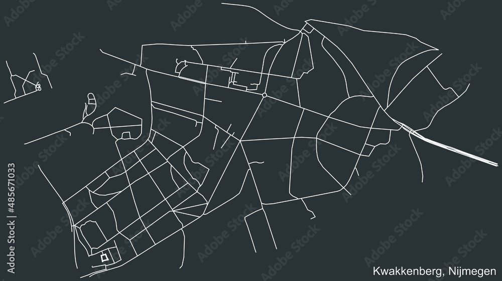 Detailed negative navigation white lines urban street roads map of the KWAKKENBERG NEIGHBORHOOD of the Dutch regional capital city Nijmegen, Netherlands on dark gray background