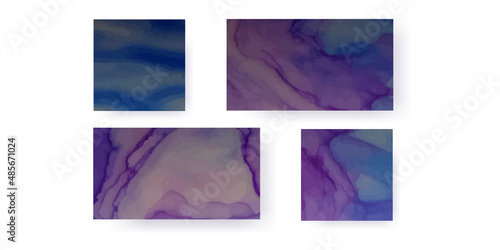 Collection of abstract blue and violet watercolor background. Horizontal and square shapes posters. Card template design for wedding invitation, birthday. Vector illustration. © Nataliya