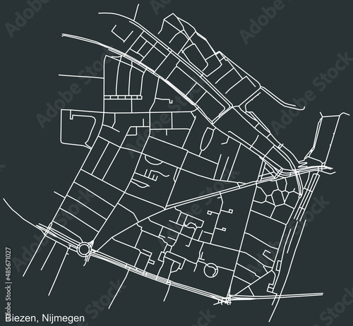 Detailed negative navigation white lines urban street roads map of the BIEZEN NEIGHBORHOOD of the Dutch regional capital city Nijmegen, Netherlands on dark gray background photo