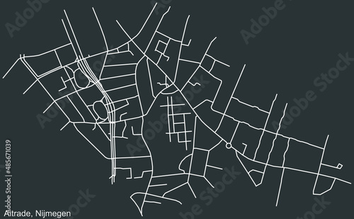 Detailed negative navigation white lines urban street roads map of the ALTRADE NEIGHBORHOOD of the Dutch regional capital city Nijmegen, Netherlands on dark gray background