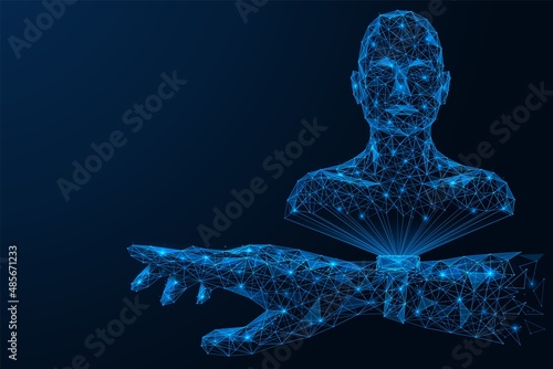 Smart watch on your hand with a hologram of a person. A gadget with artificial intelligence. Polygonal design of interconnected lines and points. Blue background.