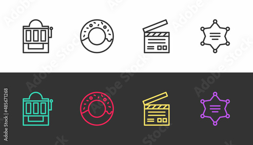 Set line Slot machine, Donut, Movie clapper and Hexagram sheriff on black and white. Vector
