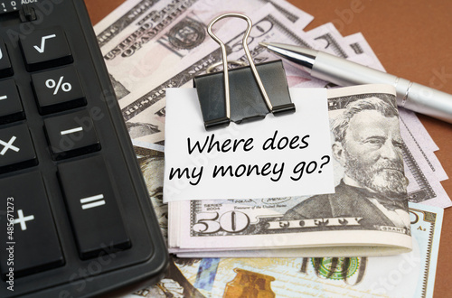 Photography On a brown background lies a calculator and dollars on a clip with an inscriptio
