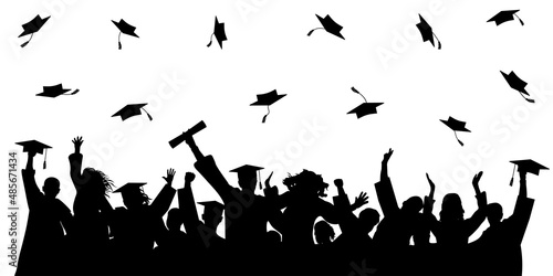 Cheerful graduate students with academic caps, silhouette. Graduation at university or college or school. Vector illustration.