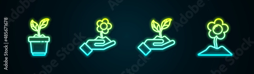 Set line Plant in pot, Hand holding flower, hand of environmental and Flower. Glowing neon icon. Vector