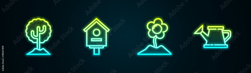Set line Tree, Bird house, Flower and Watering can. Glowing neon icon. Vector Set line Tree, Bird house, Flower and Watering can. Glowing neon icon. Vector