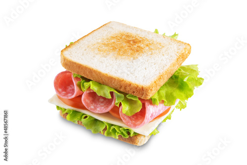 Sandwich with sausage, cheese and tomato on a white isolated background