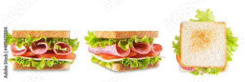 Sandwich with sausage, cheese and tomato on a white isolated background