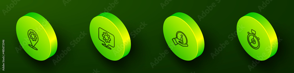 Set Isometric line Location with gear, , Information and Stopwatch icon. Vector Set Isometric line Location with gear, , Information and Stopwatch icon. Vector