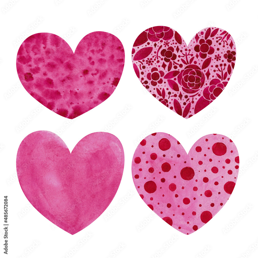 Watercolor set of hearts isolated on a white background. Hand-drawn collection of pink hearts for your design. Hearts clipart for card, gift, wedding etc
