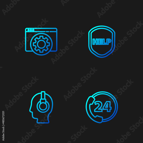 Set line Telephone 24 hours support, Support operator in touch, Browser setting and Shield with text Help. Gradient color icons. Vector