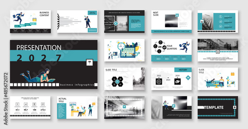Business presentation, powerpoint, infographic design template blue, elements, white background, set. Start a business. A team of people creates a city business. Financial work in a team.Use of flyers