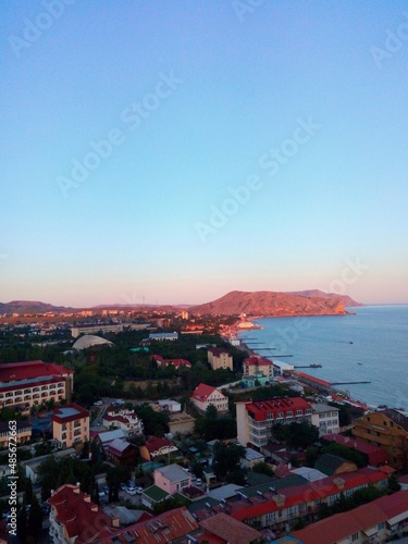 Sudak, Crimea. Genoese fortress. View of the city beaches of Sudak from the Black Sea. Aerial view
