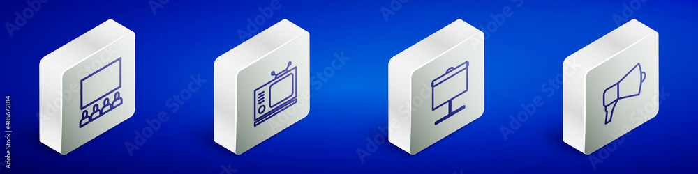 Set Isometric line Cinema auditorium with screen, Retro tv, Projection and Megaphone icon. Vector Set Isometric line Cinema auditorium with screen, Retro tv, Projection and Megaphone icon. Vector