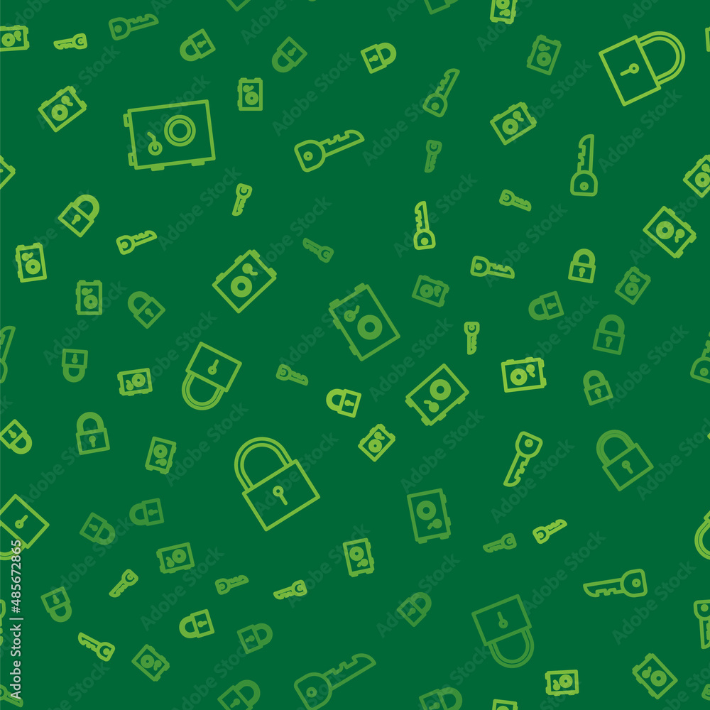 Set line Safe, Lock and Key on seamless pattern. Vector