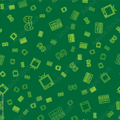 Set line Comedy and tragedy masks, Retro tv and Movie clapper on seamless pattern. Vector