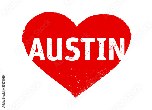 Red grunge Heart stamp. I love AUSTIN. Vector outline Illustration.  