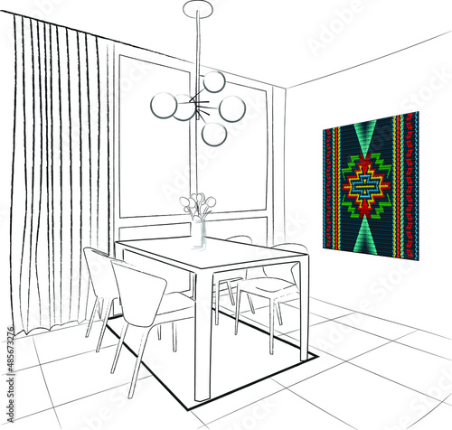 Graphic drawing of the interior in the style of minimalism.