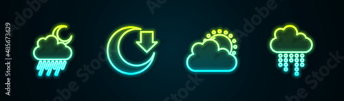 Set line Cloud with rain and moon, Moon, Sun cloud weather and . Glowing neon icon. Vector