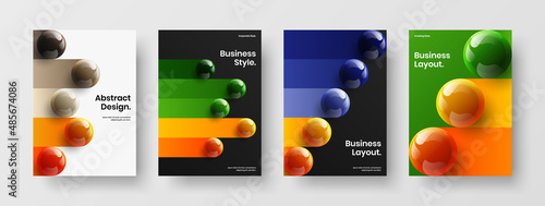 Unique handbill A4 vector design template set. Premium 3D balls brochure concept bundle.