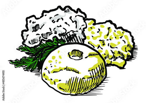 Moldavian national dish mamaliga, scrob egg, cottage cheese. Vector illustration sketch of food photo