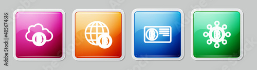 Set line Cryptocurrency cloud mining, Globe Bitcoin, Credit card with bitcoin and Blockchain technology. Colorful square button. Vector