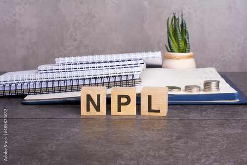 the npl word is written on wooden cubes on a gray background. close-up of wooden elements. In the background is a green flower in a tub. npl - short for Non Performing Loans photo