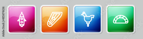 Set line Rocket ship, Kankles, Cockerel lollipop and Dumpling. Colorful square button. Vector