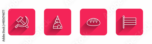 Set line Hammer and sickle USSR, The Tsar bell, Bread loaf and National Russia flag with long shadow. Red square button. Vector