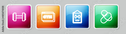 Set line Dumbbell, Online fitness and training, Sport program and Sports nutrition. Colorful square button. Vector