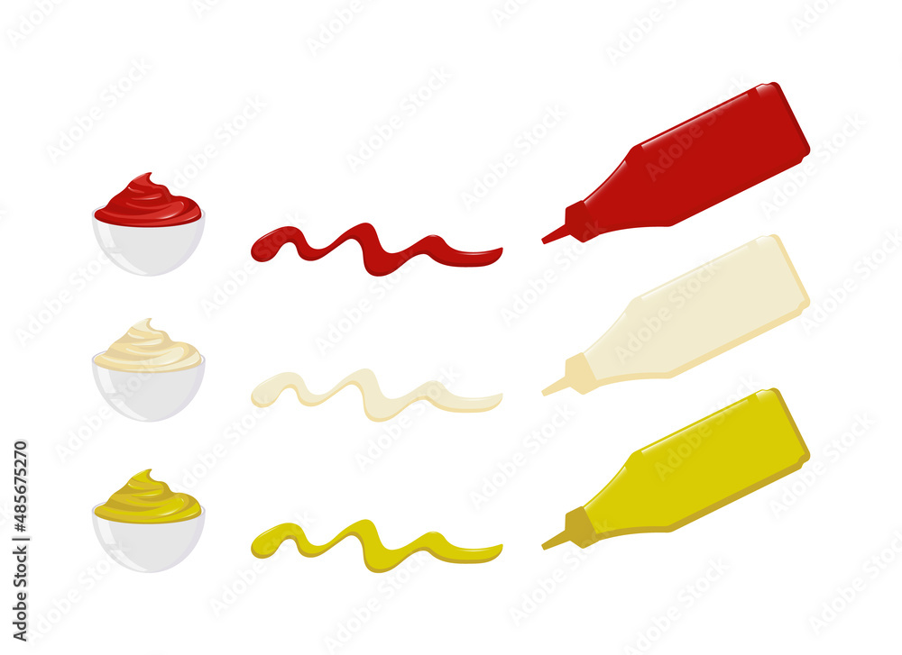 Sauce icon, mayonnaise, mustard and ketchup. Hot spice sauce packed in plastic bottle. Vector illustration