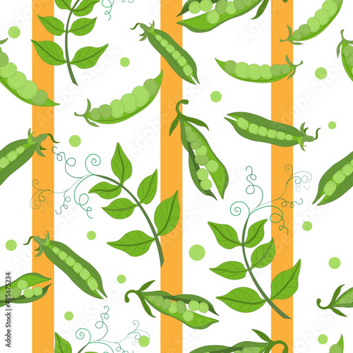 Canvas-taulu Seamless pattern of green peas, twigs with leaves and pods of open peas