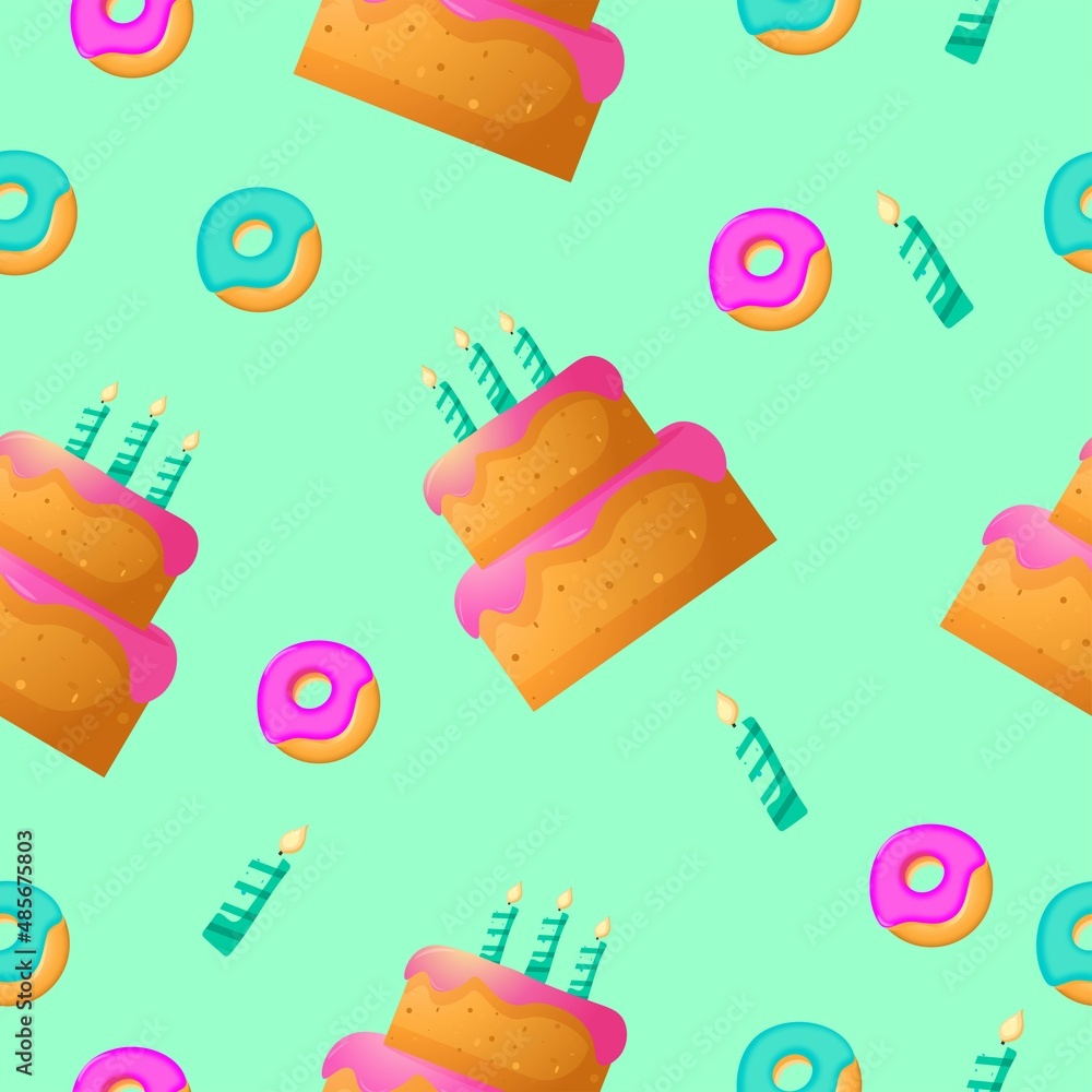 Vector seamless happy birthday pattern. Cake design elements, burning candles, donuts in pink and mint shades. For use scrapbooking, wrapping paper, poster, postcard, background.