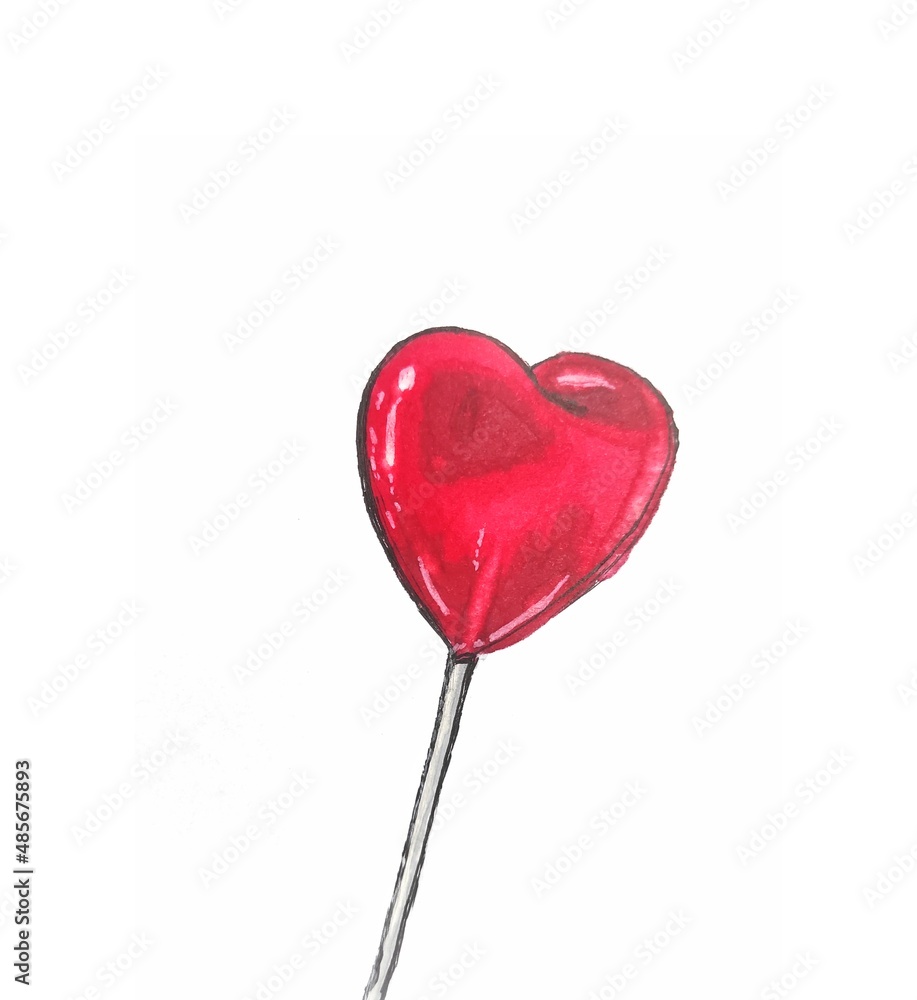red lollipop in the form of a heart on a stick on a white background