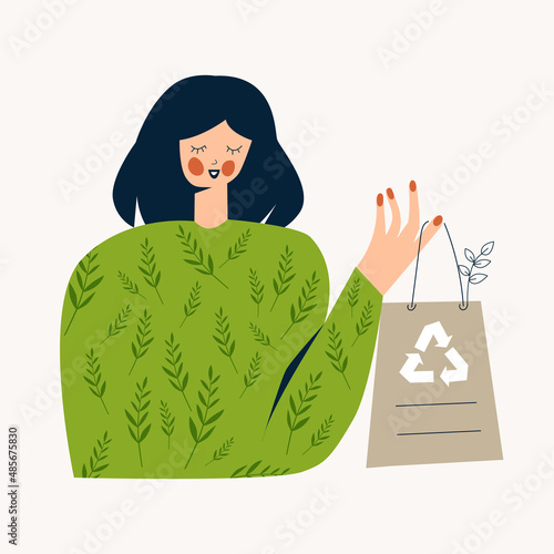 Woman with eco friendly reusable and recycle kraft pack. Spring green sale. Zero waste or go green concept. Sustainability or environmental protection. Flat vector cartoon illustration, isolated white