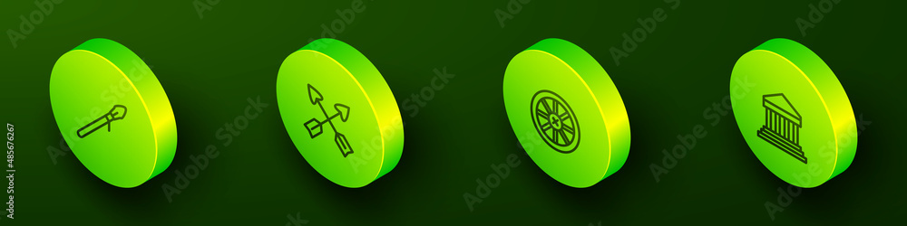 Set Isometric line Medieval spear, Crossed arrows, Old wooden wheel and Parthenon icon. Vector Set Isometric line Medieval spear, Crossed arrows, Old wooden wheel and Parthenon icon. Vector