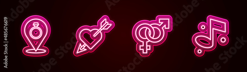 Set line Wedding rings, Amour with heart and arrow, Gender and Music note. Glowing neon icon. Vector