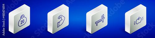 Set Isometric line Kettlebell, Bodybuilder muscle, Bench with barbel and Apple icon. Vector