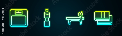 Set line Bathroom scales, Bottle of water, Bench with barbel and Towel stack. Glowing neon icon. Vector
