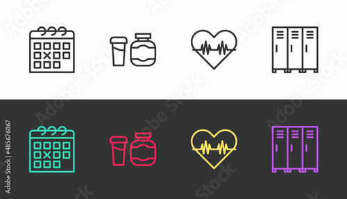 Set line Calendar fitness, Sports nutrition, Heart rate and Locker changing room on black and white. Vector