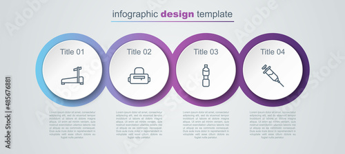 Set line Treadmill machine, Sport bag, Bottle of water and Doping syringe. Business infographic template. Vector
