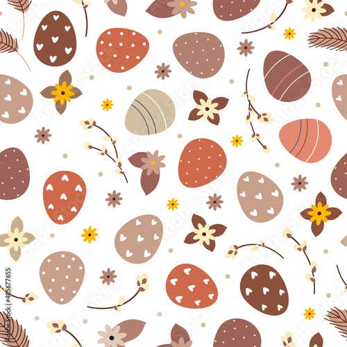 Vector illustration of seamless background of Easter eggs and flowers and pussy willow 