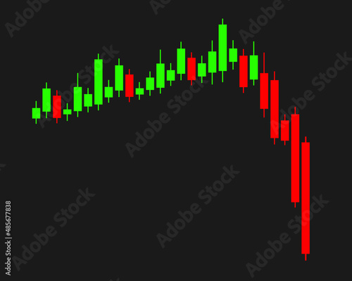 Stock market crash - candlestick diagram and chart and rapid fall, collapse, downfall and breakdown of value and price. Economic and financial crisis. Vector illustration.