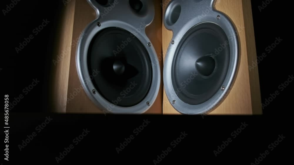 Audio speakers vibrate from sound bass in slow motion on black