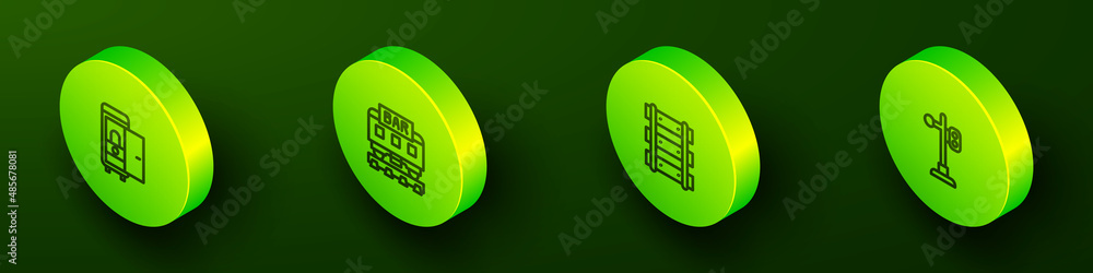 Set Isometric line Toilet in the train car, Restaurant, Railway, railroad track and Train traffic light icon. Vector Set Isometric line Toilet in the train car, Restaurant, Railway, railroad track and Train traffic light icon. Vector