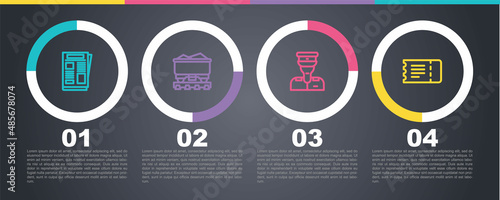 Set line News, Coal train wagon, Train conductor and ticket. Business infographic template. Vector