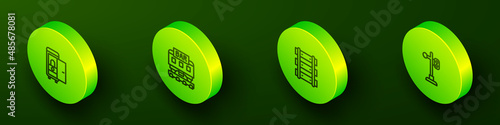 Set Isometric line Toilet in the train car, Restaurant, Railway, railroad track and Train traffic light icon. Vector