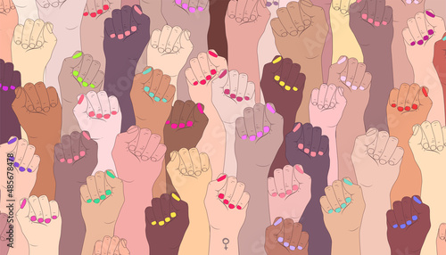 Human hands raised up with fists. The protest symbol is a fist. Popular uprising or struggle for their rights. Motivational banner. Social movement vector concept.