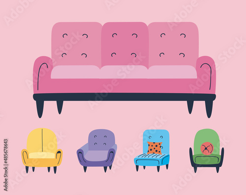 five armchairs and sofas